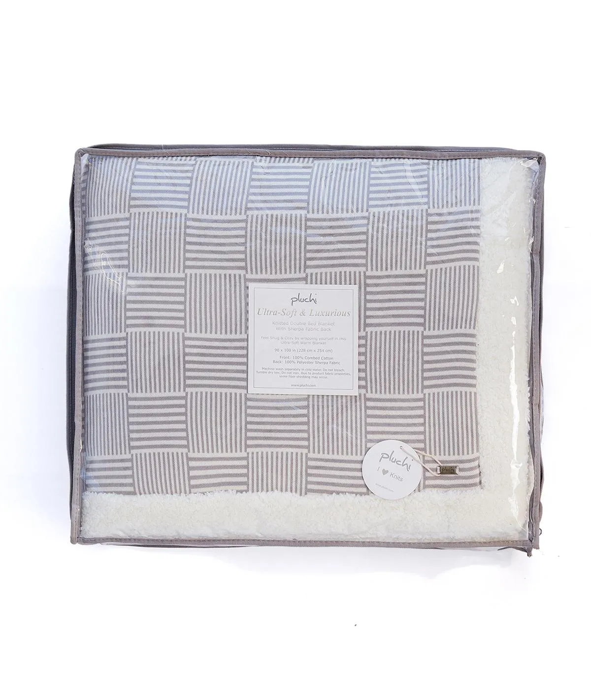 Casa Luxor Cotton Knitted Double Bed Sherpa Comforter in Light Grey & Ivory Color (229Cm X 254 Cm)