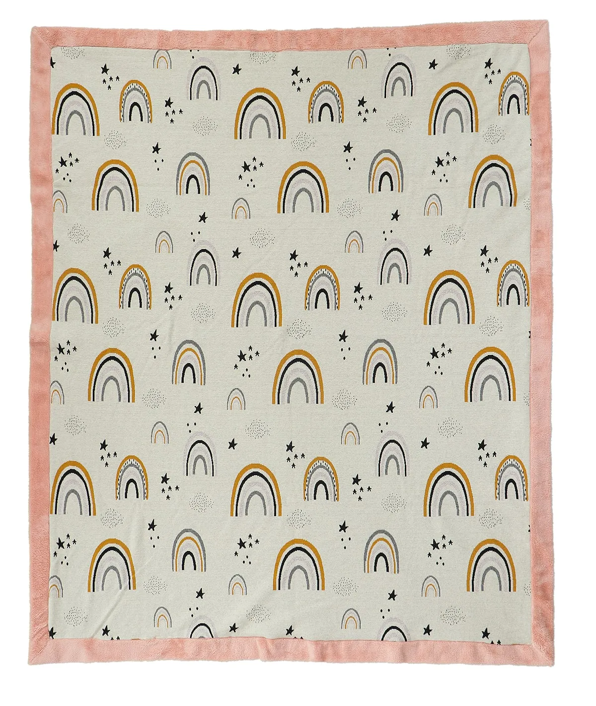 Dance with Rainbows - Natural, Light Pink & Multi Color Cotton Knitted Blanket With Faux Fur Back For Kids