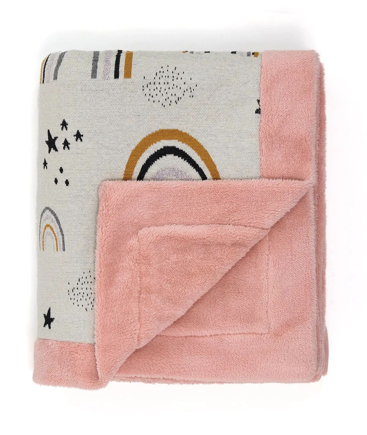 Dance with Rainbows - Natural, Light Pink & Multi Color Cotton Knitted Blanket With Faux Fur Back For Kids