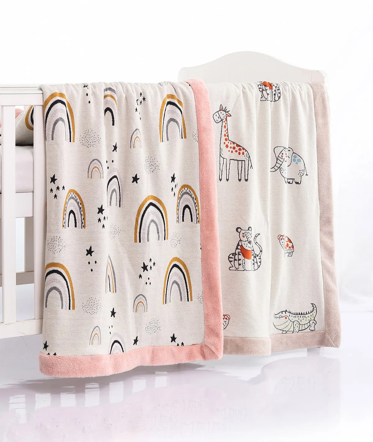 Dance with Rainbows - Natural, Light Pink & Multi Color Cotton Knitted Blanket With Faux Fur Back For Kids