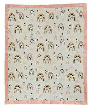 Dance with Rainbows - Natural, Light Pink & Multi Color Cotton Knitted Blanket With Faux Fur Back For Kids