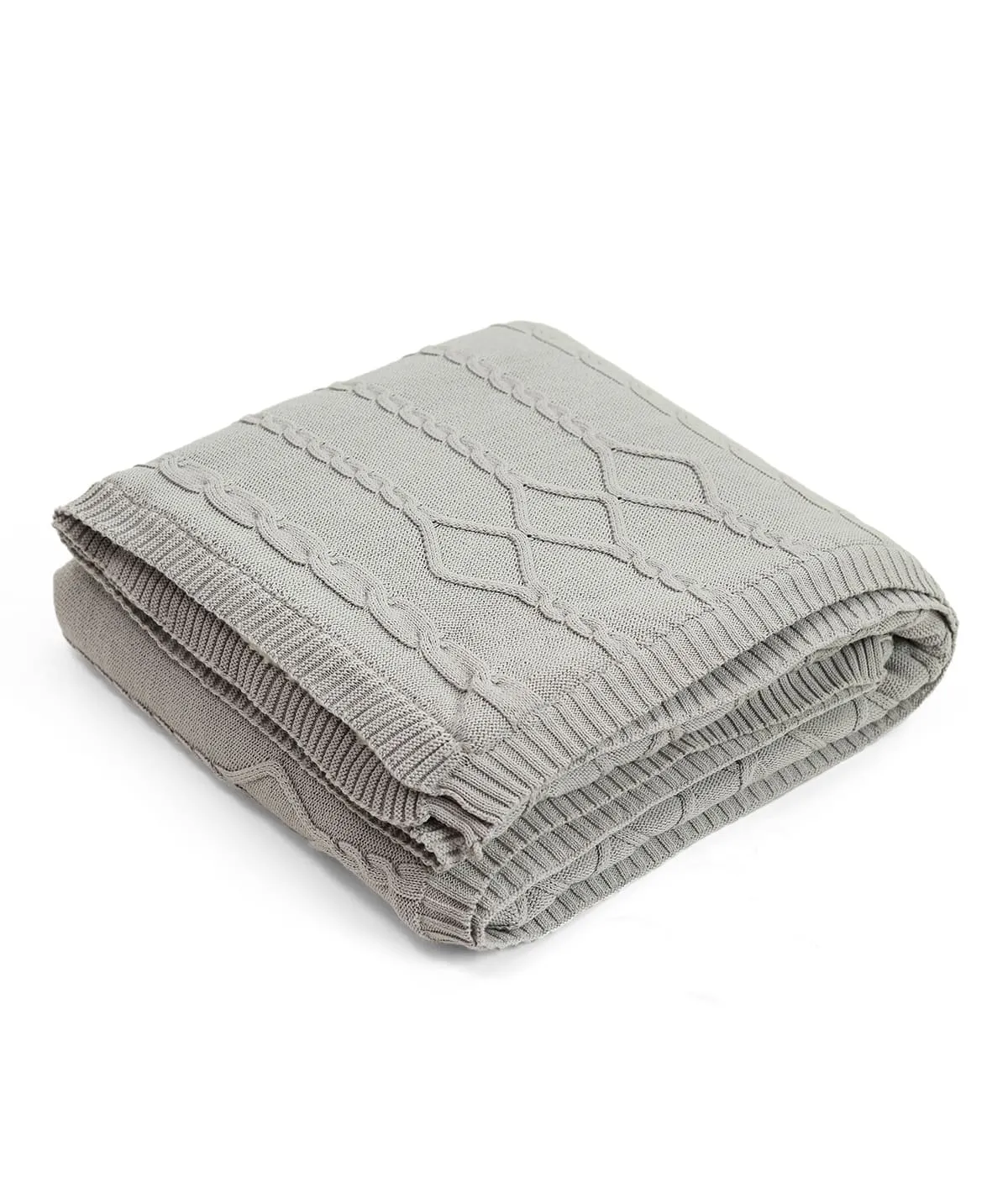 Twist Cable Cotton Knitted Throw Blanket With Warm Sherpa (Cool Grey)